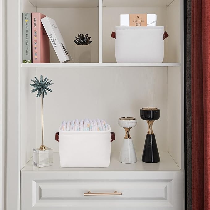 Kntiwiwo Small Fabric Storage Bins, 7.8x6.7x5.9 inch Mini Storage Cubes 4-Pack Storage Basket for Makeup Collapsible Fabric Storage Organizer with Handles, Decorative Basket for Desk, Shelves, White