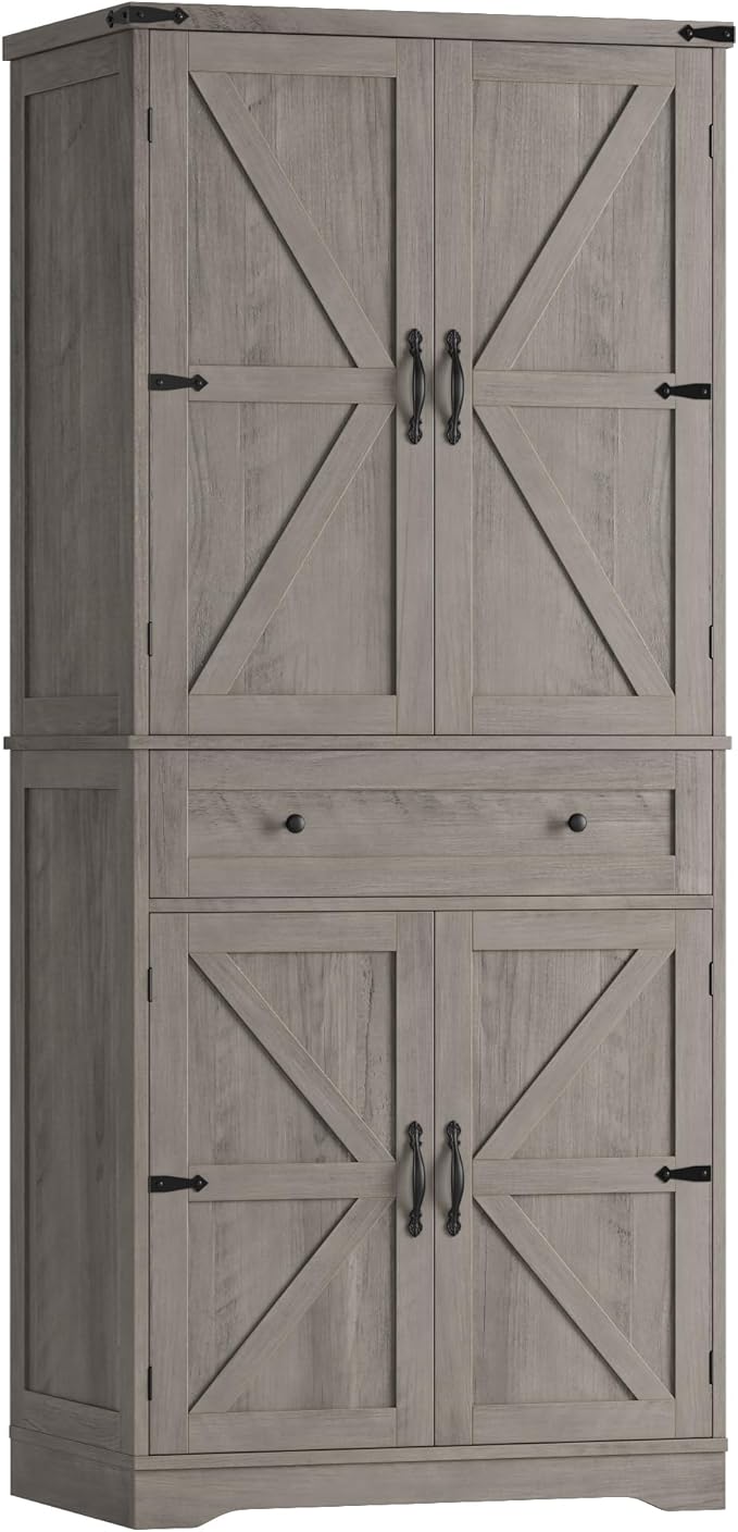 HOSTACK 71" Tall Pantry Cabinet, Farmhouse Kitchen Pantry with Storage Shelves, Barn Doors Food Storage Cabinet, Freestanding Kitchen Hutch with Large Drawer for Dining Room, Living Room, Ash Gray
