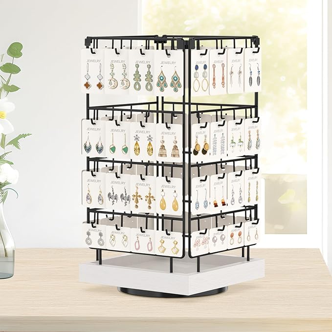 EsLuker.ly Rotating Earring Display Holder Stand for Vendors Events Selling, Large Capacity 64 Hooks Jewelry Rack with Wooden Base for Earring Card Sales, Enhances Retail Display Visibility