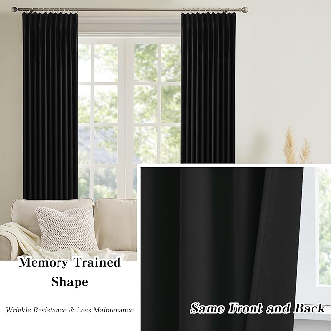 KEQIAOSUOCAI Short Pinch Pleated Blackout Curtains 72 Inch Long 2 Panels for Bedroom Thermal Insulated Black Out Window Curtain Pinched Pleat Drape with Hooks (W40 x L72 Inch, Black)