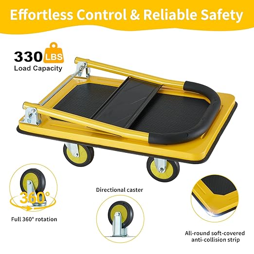 Foldable Push Cart Dolly, Heavy Duty Flat Bed Cart with Wheels & Non-Slip Mat, 360° Mute Wheels for Easy Maneuver, 330lbs, Easy to Assemble – Ideal for Household Tasks, Grocery Delivery, Yellow