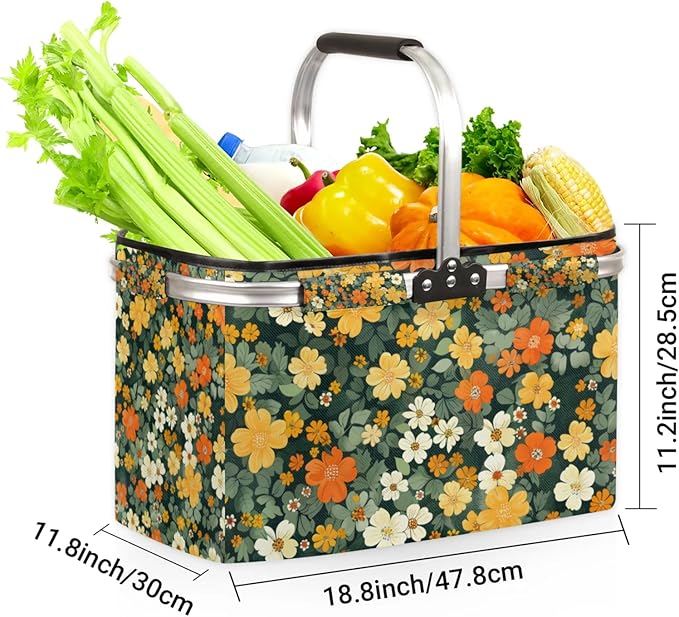 Collapsible Picnic Basket with Handle, Shopping Basket Aluminum Frame, Grocery Basket Tote for Women, Farmers Market Basket, Harvest Baskets Camping Travel Portable Beach Bag (Flowers Green)