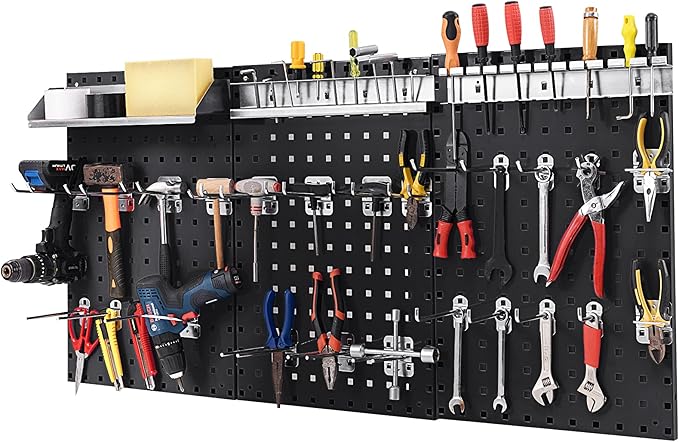 Goplus Garage Pegboard, Metal Pegboard Tool Organizer Kit with 3 Pegboards & 28 Pcs Hanging Accessories, Heavy Duty Pegboard Wall Organizer, Peg Board for Workshop, Tool Storage, Black