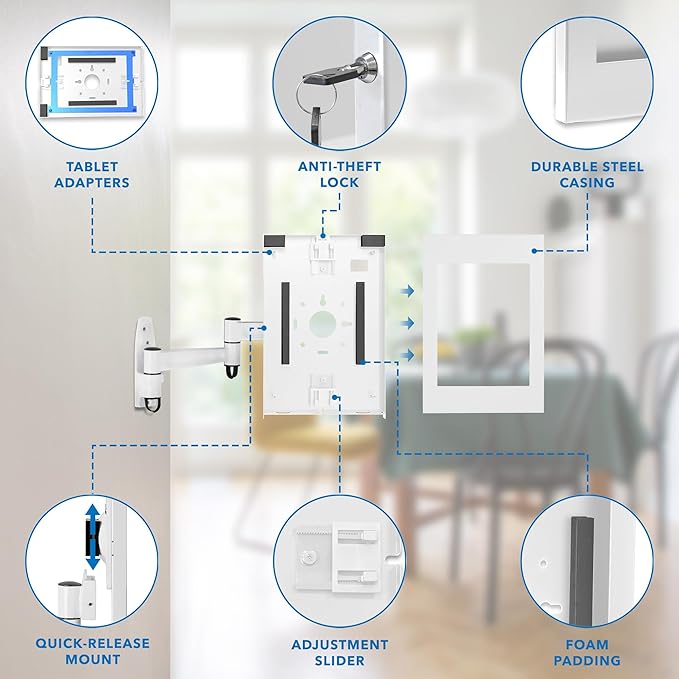 Mount-It! Anti-Theft Tablet Kiosk Wall Mount Compatible with iPad 10, 9, 8, Pro 10.5, Air 10.5, Locking Kiosk for iPad, Lockable Secure Steel Full Motion Arm Wall Mounted Enclosure, White