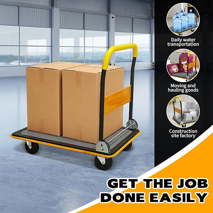 660lbs Large Size Heavy Duty Yellow Flatbed Cart, Foldable Platform Hand Truck with 360° Swivel Wheels, Steel Utility Dolly for Warehouse, Moving & Storage