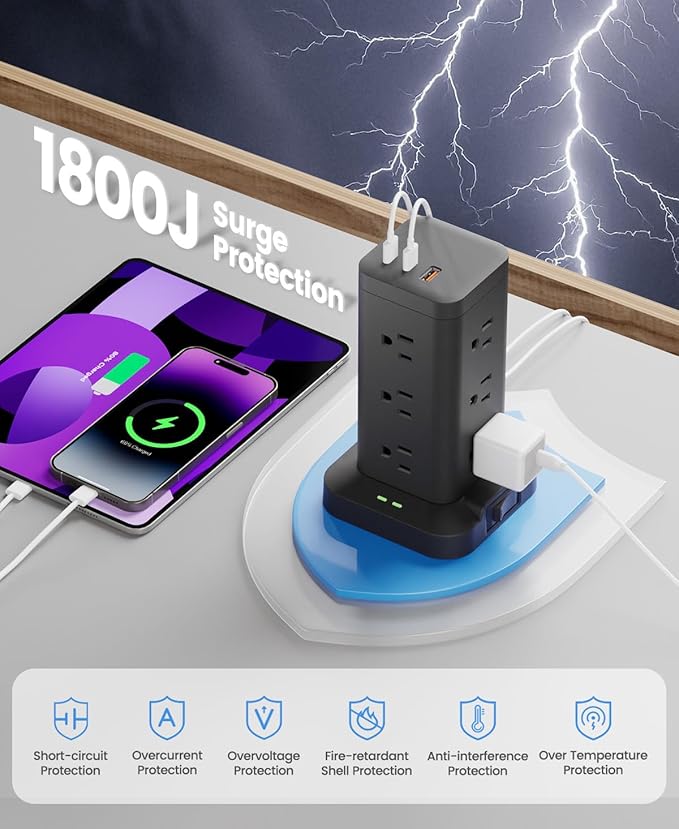 Power Strip Tower with Surge Protector 1800J, Fast Charging Tower PD20W USB-C Ports with 12 AC Outlets, 6ft Extension Cord for Home Office Dorm Room, Black