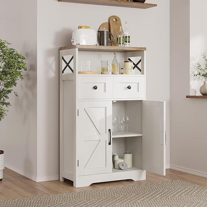 Farmhouse Storage Cabinet with Barn Doors and Shelves, Farmhouse Kitchen Pantry, Small Tall Coffee Bar Cabinet with Storage, Hutch Cupboard for Bathroom, Laundry, Living Room,White
