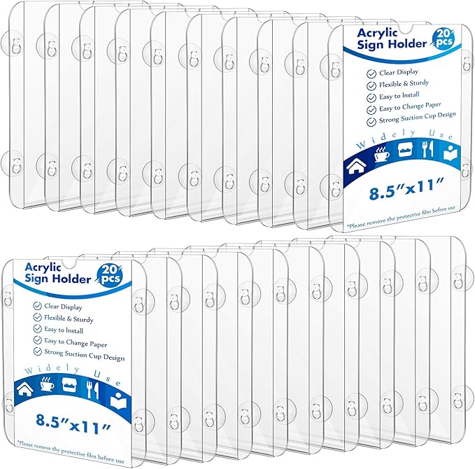 Handepo 20 Pack Acrylic Window Sign Holder 8. 5 x 11 Inch with 4 Suction Cups Clear Acrylic Frames for Glass Door Window Wall Mount Sign Holder for Home Office Mall Promotion Restaurant Menus