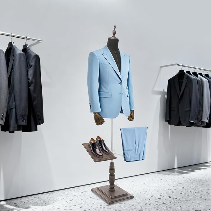 Male Clothing Display Racks, Height Adjustable Clothing Store Clothing Props with Stand and Solid Wood Arm, Male Mannequin Torso for Market Shop Window Display (Dark Grey)