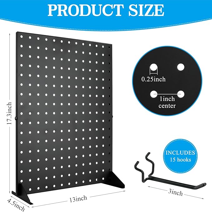 Metal Pegboard Display Stand with 15 Peg Hooks, Tabletop Pegboard Shelf for Craft Shows & Fairs, Retail Stores, Vendors Arts and Crafts Finishing - 17x13 Inch & Black