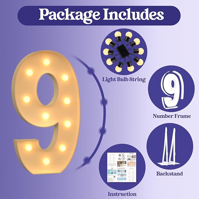 4FT Light Up Numbers, Large Marquee Numbers for 9th 19th 49th Birthday Decorations, Giant Light Up Numbers for Party Anniversary, Marquee Letters, Pre-Cut DIY Mosaic Numbers for Balloons 9
