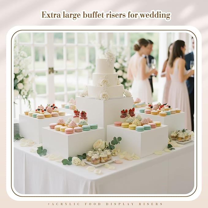 Leinuosen 7 Pcs Extra Large Buffet Risers Set 10" to 16" Rectangle Acrylic Display Box Catering Dessert Table Riser Food Display Decorative Stand with Hollow Bottom for Catering Supplies(White)