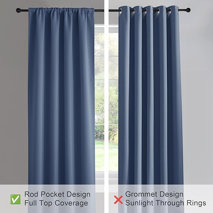 PONY DANCE 63 inch Length Curtains - Room Darkening Kitchen Solid Thermal Draperies Rod Pocket Short Panels Drapes for Bedroom Window Treatments, 52 W by 63-inch L, Blue Haze, 2 PCs