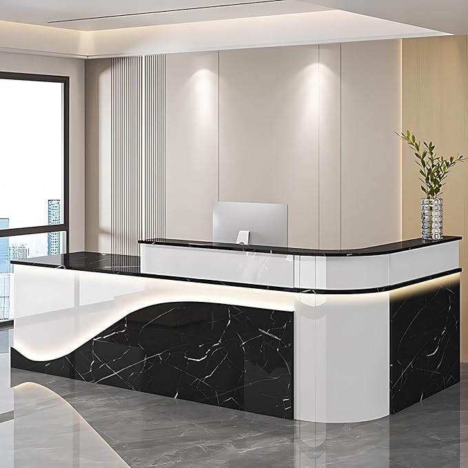 Modern Reception Desk – Front Desk, Reception Counter for Office, Checkout Counter, LED Lighting, Storage, Soft Close Drawers, Custom Logo, Fully Assembled (F,60IN)