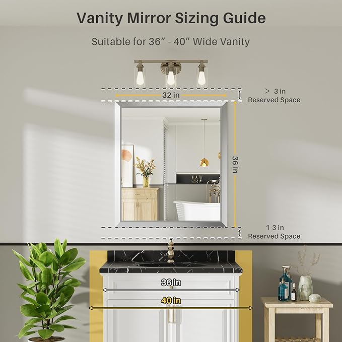 36x32 Inch Brushed Nickel Bathroom Mirror for Wall, Thick Metal Framed Rectangle Mirrors for Over Sink, Bedroom, Living Room, Entryway, Anti-Rust, HD Tempered Glass