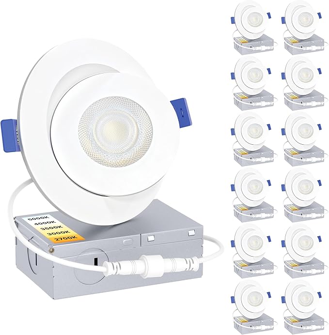 Ensenior 12 Pack 4 inch Gimbal Led Recessed Light with Junction Box, 90° Adjustable Directional Eyeball Lighting, Dimmable, 2700K/3000K/3500K/4000K/5000K, 900LM, 9W=85W-ETL&FCC Certified