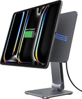 Magnetic iPad Stand with Wireless Charging, 35W Contact Fast Charger, Suction Cup Base, 360° Rotating Panel & Foldable, Compatible with iPad Pro11 M5 & M4 ONLY, Work & Study Desk - Gray