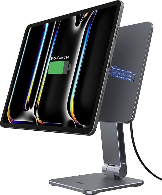 Magnetic iPad Stand with Wireless Charging, 18W Charger, Suction Cup Base, 360° Rotating Panel & Foldable, ONLY for iPad Pro11"(4th/3rd/2nd), Air11"(M3/M2), Air10.9"(5th/4th), Work & Study Desk - Gray