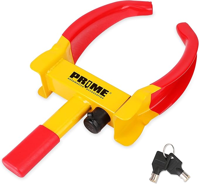 PR1ME Trailer Wheel Lock Clamp, Universal Wheel Clamp Lock, Adjustable Heavy-Duty Security Tires Anti-Theft Lock, for Trailers SUV Boats ATVs Motorcycles Golf Cart with 2 Keys (Yellow-red)