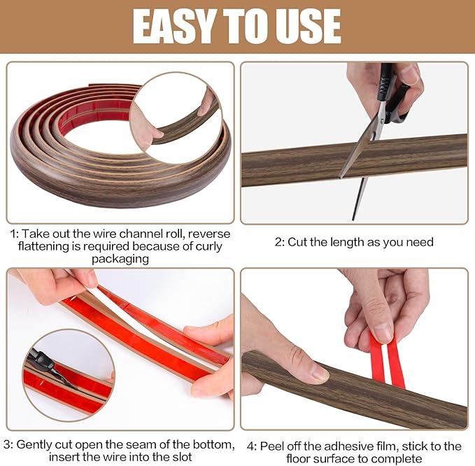 Floor Cord Cover Self Adhesive Cord Hider,10FT Cable Management, Extension Strip Protector for Wires, Prevent Cable Trips for Offices, Gyms, Exhibitions Cavity:0.47"(W) x 0.35"(H) Wood Walnut
