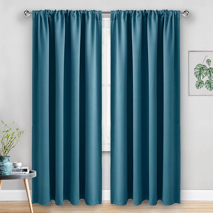 JIUZHEN Blackout Curtains for Bedroom - Thermal Insulated Room Darkening Noise Reducing, 52 x 84 Inch Length Curtains for Living Room, Set of 2 Panels with Tiebacks, Stone Blue