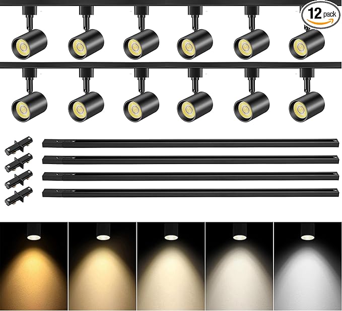 VANoopee 5-Color 12-Light LED Track Lighting Kit with 13FT H Type Track Lighting Rail LED Track Light Heads Dimmable Modern Kitchen Track Lighting Fixtures Ceiling Spotlight, CRI90+ 10W 800lm Black