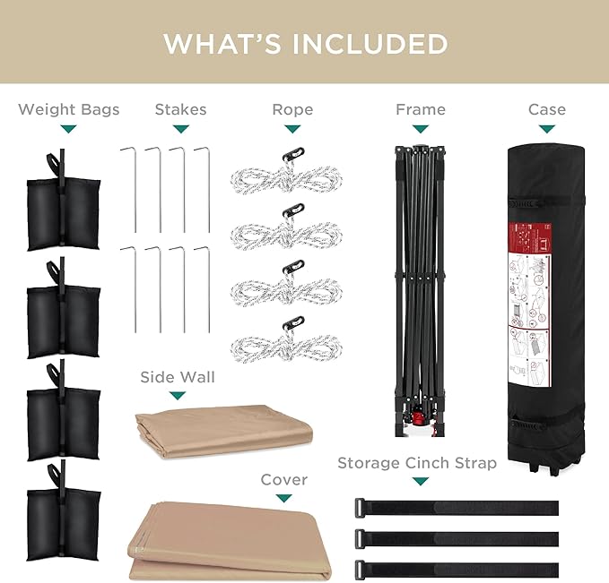 Best Choice Products 10x10ft Easy Pop Up Canopy w/Side Wall, 10 Pockets, Portable Carrying Case, 1-Button Setup, 4 Weight Bags - Tan