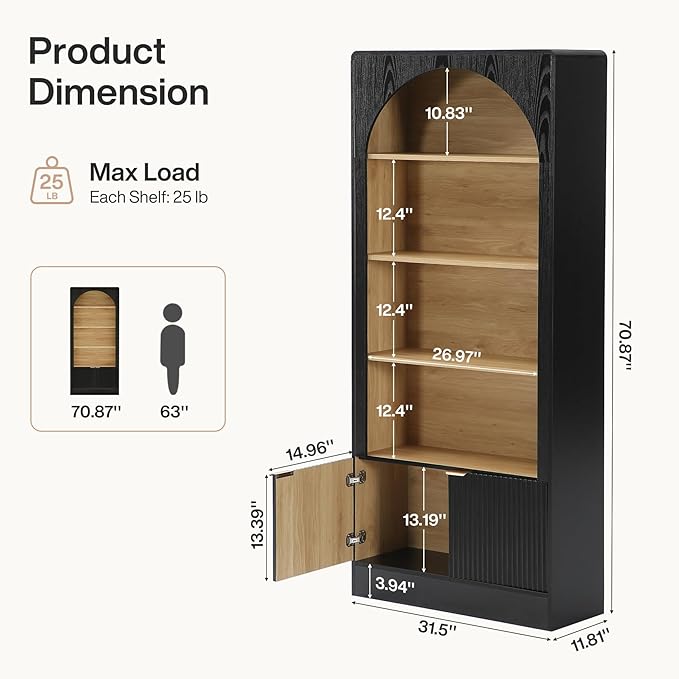 Tribesigns 71" Tall Office Storage Cabinet with Doors, Arched Bookshelf File Organizer with Storage and Shelves, Modern Farmhouse Standing Bookcase for Home Office, Printer Storage, Black