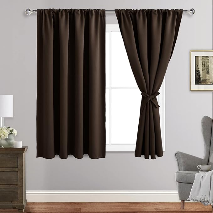 JIUZHEN Blackout Curtains for Bedroom - Thermal Insulated Room Darkening Noise Reducing, 52 x 45 Inch Length Curtains for Living Room, Set of 2 Panels with Tiebacks, Brown