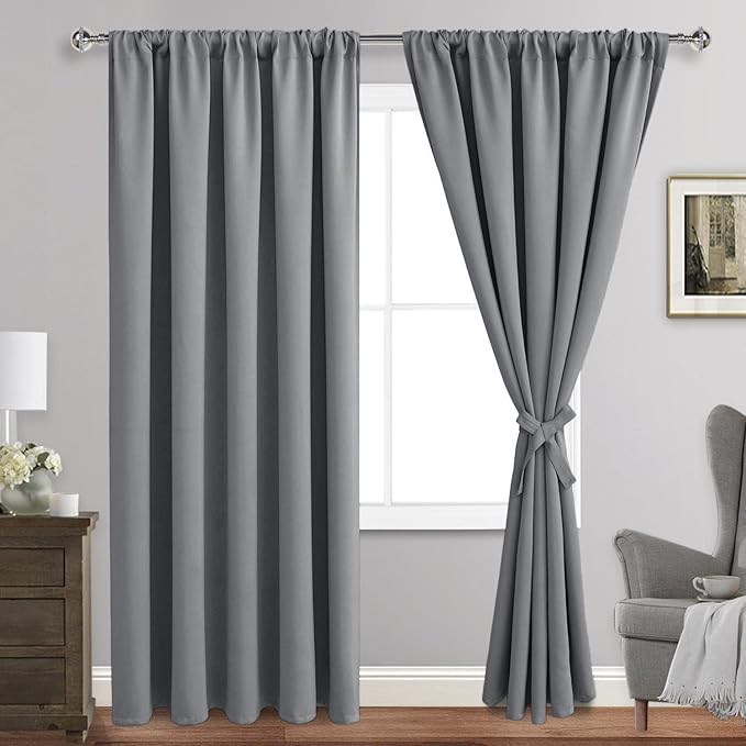 JIUZHEN Blackout Curtains for Bedroom - Thermal Insulated Room Darkening Rod Pocket Curtains for Living Room, Set of 2 Panels with Tiebacks, 60 x 96 Inch Length, Light Grey