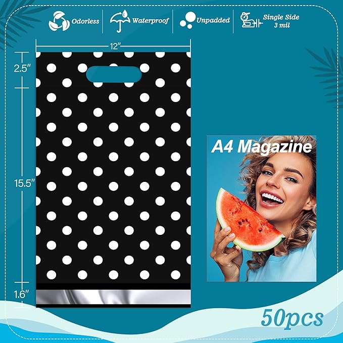 JinRuiKJ Poly Mailers with Handle 12x15.5 Inch 50 Pcs, Easy to Carry Packaging Bags for Small Business, Thank You Shipping Bags with Self Adhesive Strip, Tearproof and Waterproof - White Polka Dot
