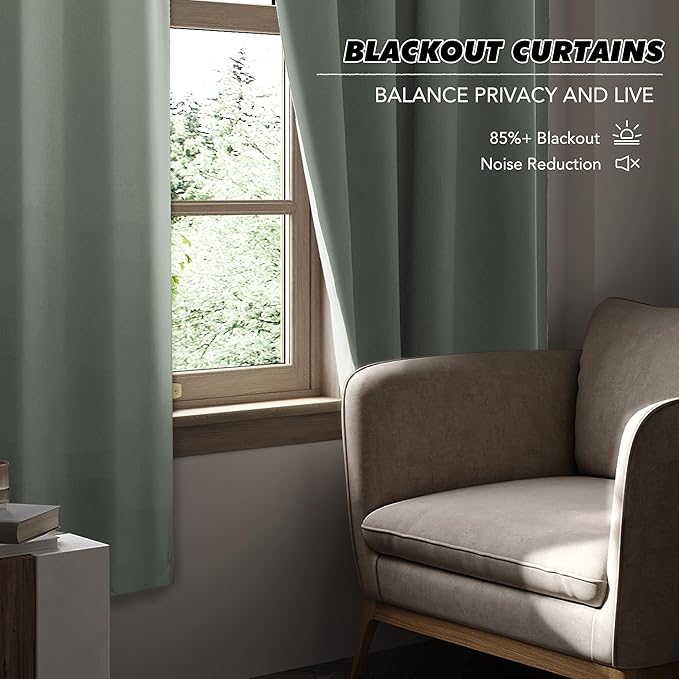 KGORGE Bathroom Window Curtains 54 inches Long, Privacy Energy Efficiency Blackout Room Darkening Curtains for Kitchen Bedroom Bathroom Dining Room, W52 x L54 inches, Grayish Green, 2 Panels