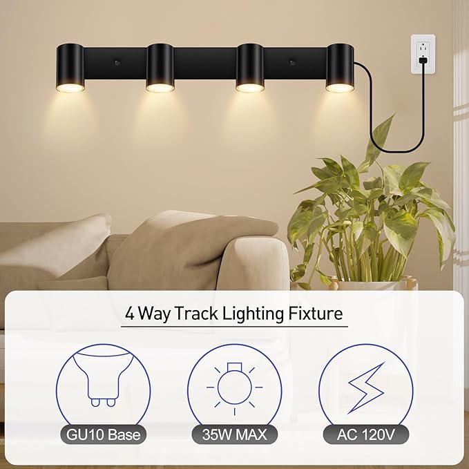 BoostArea Plug in Track Lighting, LED Track Light Kit, Black 4-Light Track Lights for Kitchen, 15 FT Cord,4 Way Ceiling Spotlight, Rotatable Wall Mount Light Head for Bedroom Hallway Living Room