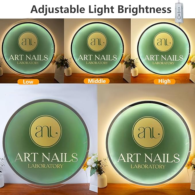 Custom LED Logo Sign, Round Acrylic Custom Logo for Business, Personalized Backlit Illuminated Logo Neon Sign with Metal for Wall Decor, Beauty Salon, Nail Hair Studio, Office, Boutique, Outdoor