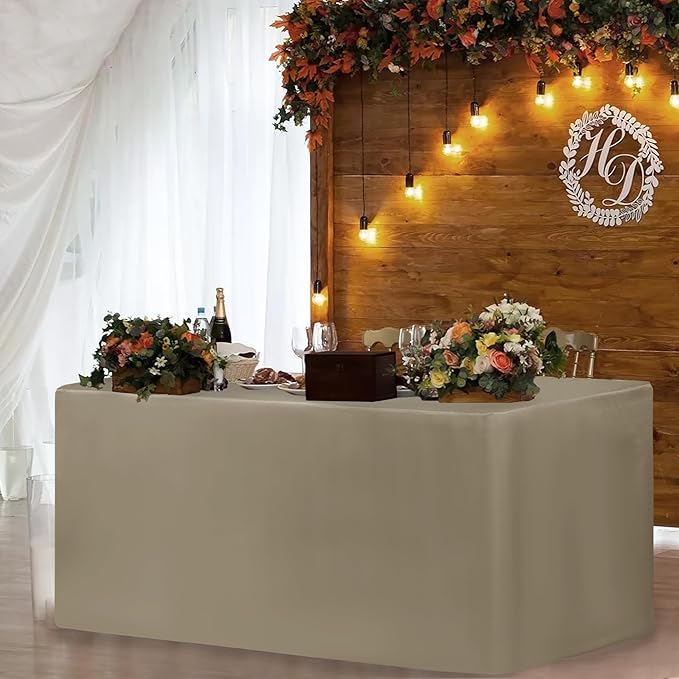 HolidayIdeas Fitted Table Covers for 6 Foot Tables - 72 x 30 Inch - 2 Pack Rectangle Taupe Table Clothes Polyester Fabric Table Cover for Folding Table, Parties, Holiday Dinner, Wedding, Trade Show