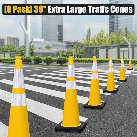 Fluorescent Orange/Green PVC Traffic Cones, Heavy Black Base Parking Lot Cone Structurally Stable Weatherproof Road Construction Safety Cones (8, Yellow, 36" Extra Large)