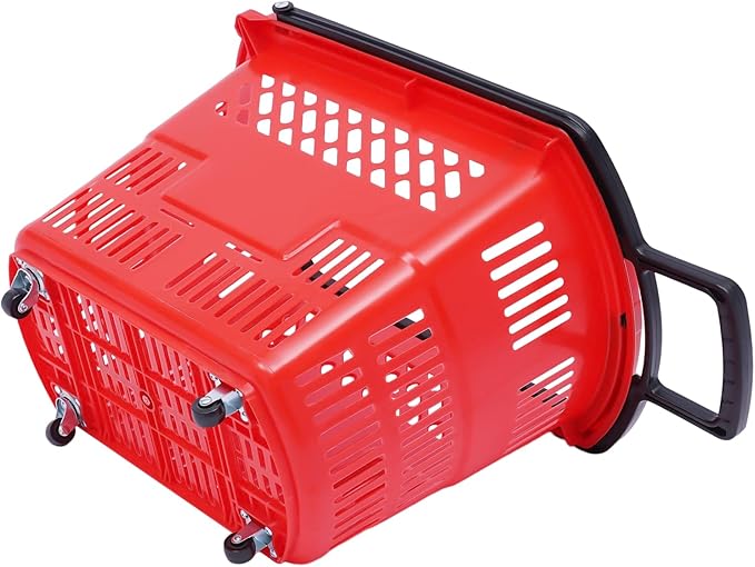 6PCS Shopping Carts,35L Shopping Basket with Wheels and Handle,Portable Plastic Rolling Sho-pping Basket for Retail Store (Red)