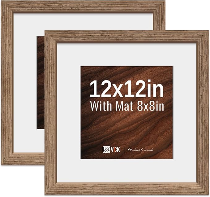 VCK 12x12 Picture Frame 2 Pack - Walnut, High-End Wood Poster Frames with Tempered Glass, Display 8x8 Photo with Mat or 12x12 without Mat, Art Gallery-Quality, Wall Hanging, Walnut