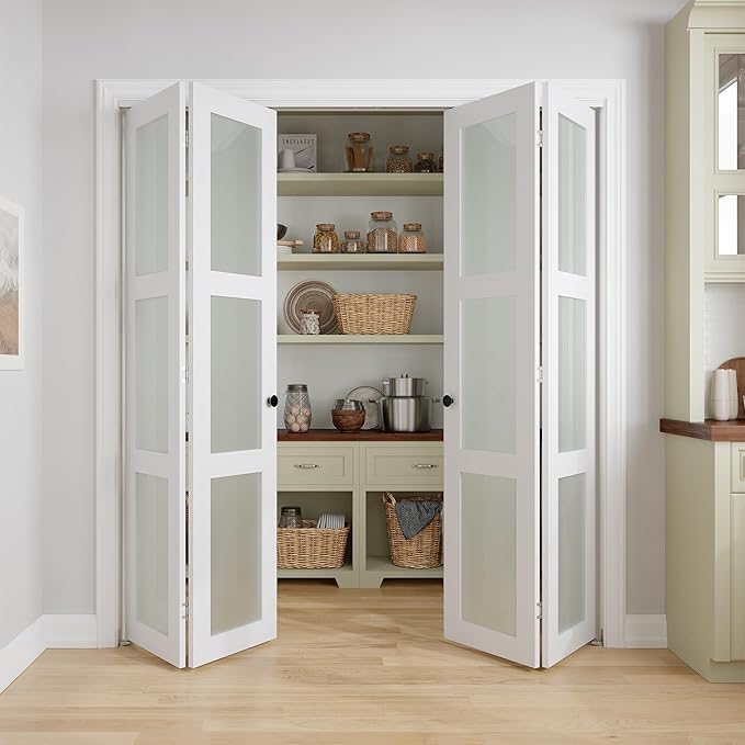 Bifold Doors for 72" x 80-3/4" Opening, 3-lite Tempered Frosted Glass Closet Folding Doors with Hardware kit Included, Easy Assembly, White