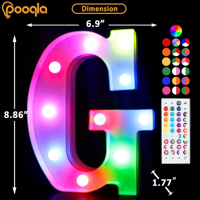 Pooqla Colorful Light Up Letters with Remote, Upgraded 35 Colors LED Marquee Letters, RGB Lighted Letter for Girls Teenager Gift, Birthday, Party, Wedding, Night Light, Room, Bedroom Decor, Letter G