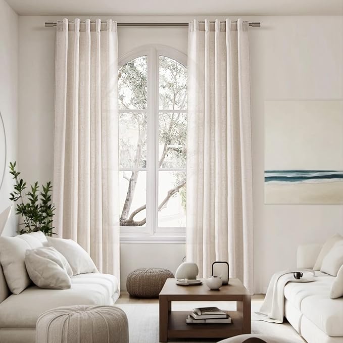 Beige Linen Curtains 108 Inches Long 2 Panels Set for Living Room Back Tab Pocket Semi Sheer Modern Minimalist Extra Long Curtain Linen Blend Light Filtering Ceiling Drapes for Large Window 40x108
