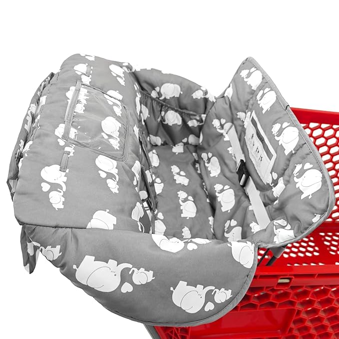2-in-1 Shopping Cart and High Chair Cover for Baby, Padded Cover, Fold'n Roll Style, Portable with Carry Bag (Gray Elephant)