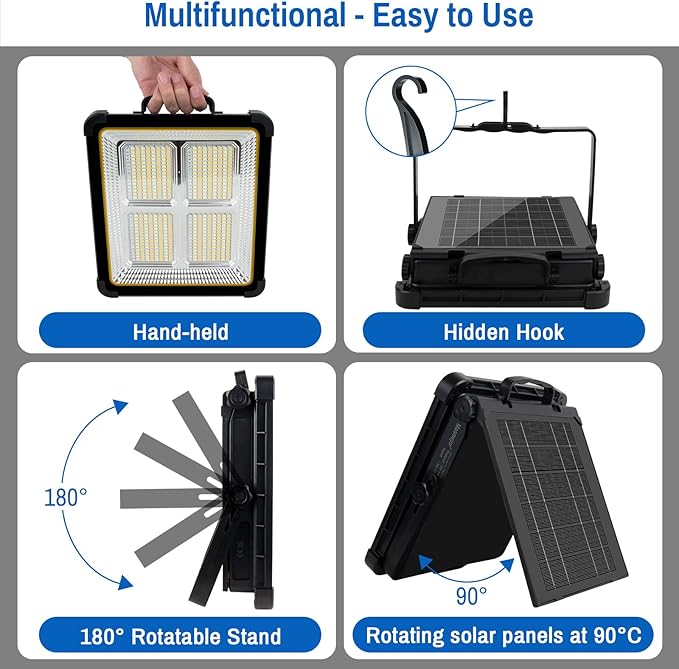 Masmejor 160W 15000mAh Rechargeable Work Light - 540 LEDs Solar Light, Stepless Dimming, USB-C Charging, IPX4 Waterproof Floodlight for Job Site, Emergency, Power Outage, Camping & Ca Repair