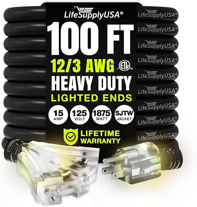 100ft Outdoor/Indoor Extension Cord 3-Outlet 12/3 Gauge Extra Heavy Duty ETL Listed, 3 Prong SJTW, Waterproof, Flexible Cold-Resistant Long Power Cord,15A 125V 1875W, Black by LifeSupplyUSA