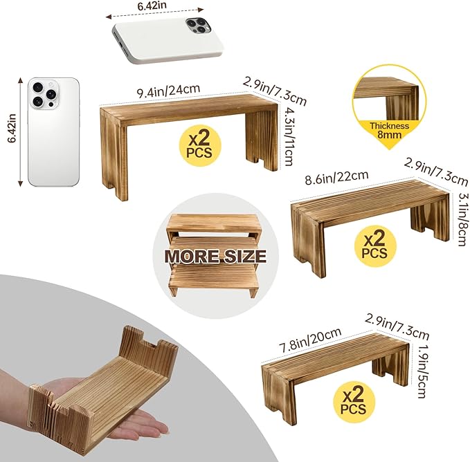 Display Riser Wood Risers Cupcake Stand 3 Tier Racks Decorative Rectangular, 2 Set 6 Piece Cologne Perfume Organizer Dessert for Vendors Event(Nature Wood)