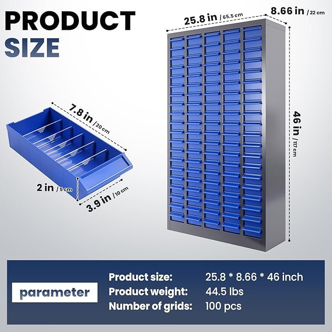 100-Drawer - Nut and Bolt Organizer | Stainless Steel Part Storage Cabinet | Shelves & Labels | Each Drawer 3.9" D x 7.8W x 2" H | Durable Hardware Storage for Small Parts/Tool (Classroom, Home)
