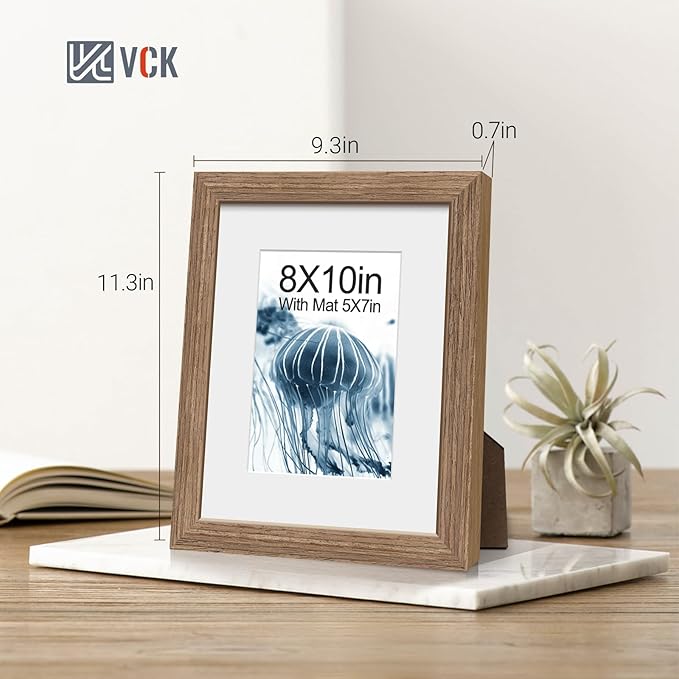 VCK 8x10 Picture Frame 2 Pack - Walnut, High-End Wood Poster Frames with Tempered Glass, Display 5x7 Photo with Mat or 8x10 without Mat, Art Gallery-Quality, Wall Hanging/Tabletop, Walnut