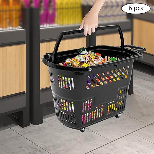 35L 6PCS Black Shopping Baskets with Wheels, Portable Rolling Shopping Basket Cart, Heavy Duty PP Plastic Storage Basket with Handle, 50kg Load Capacity for Supermarket, Retail Store, Warehouse