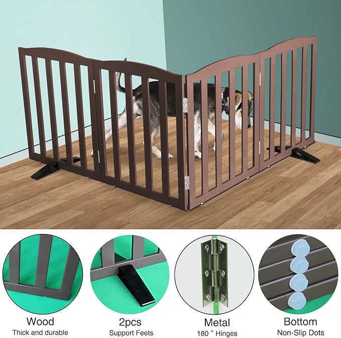 Freestanding Dog Gate Indoor,Doggie Gate Foldable Pet Gates for Doorways,Stairs or Hallways, Wooden Brown Pet Gate for The House, Pet Fence with Support Feet Included,24 "Height-4 Panels