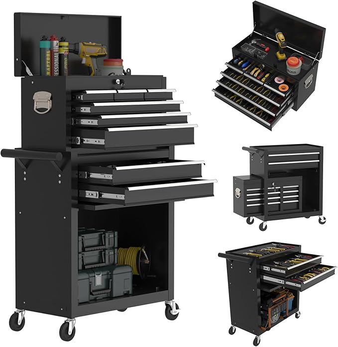 8-Drawers Large Tool Chest, 2-in-1 Detachable Garage Rolling Tool Box Metal Tool Storage Cabinet Removable Lockable Tool Cart with Wheels and Drawers